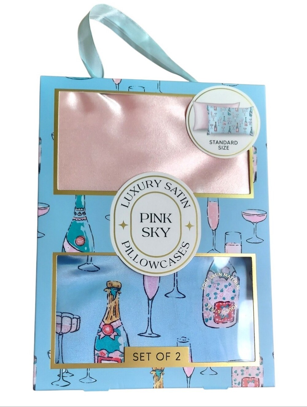 Pink Sky Luxury Satin Pillowcases - Pink & Light Blue Champagne (Set of 2) NWT